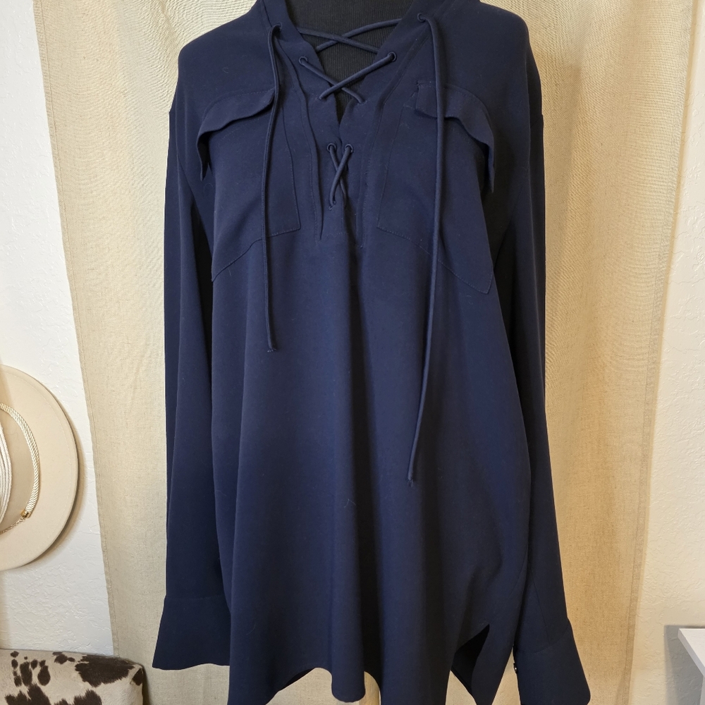 Ann Taylor Navy Lace-Up Tunic Blouse